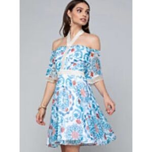 Bebe White and Blue Off-Shoulder Flutter Sleeve Mini Dress